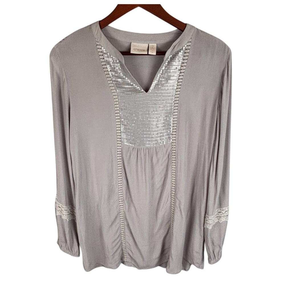 Chico's Taupe Sequin Tunic Top Size 2 L Boho Blouse Long Sleeve Neutral